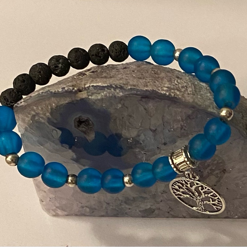 NEW Blue Glass & Lava bead bracelet with charm #2